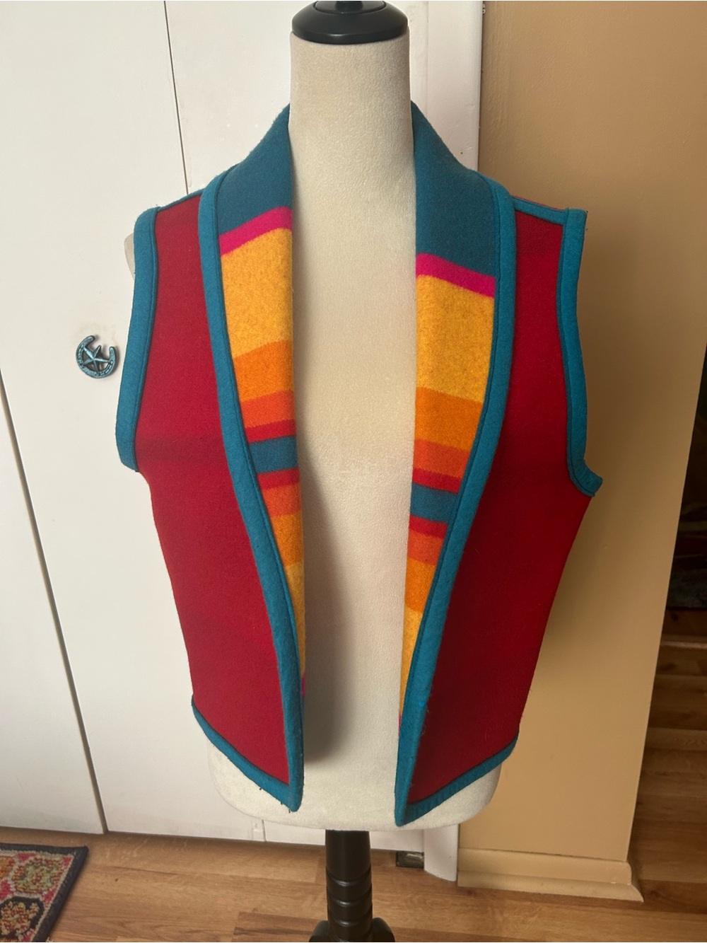 Pendleton Ladies Sleeveless Wool Vest in Red with Teal Trim